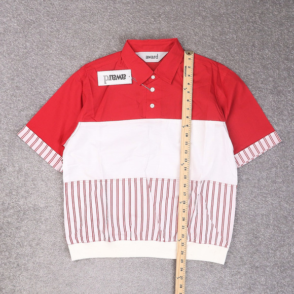 VTG 80s 90s Award Deadstock Medium Red White Striped Short Sleeve Collared Shirt - Picture 3 of 10